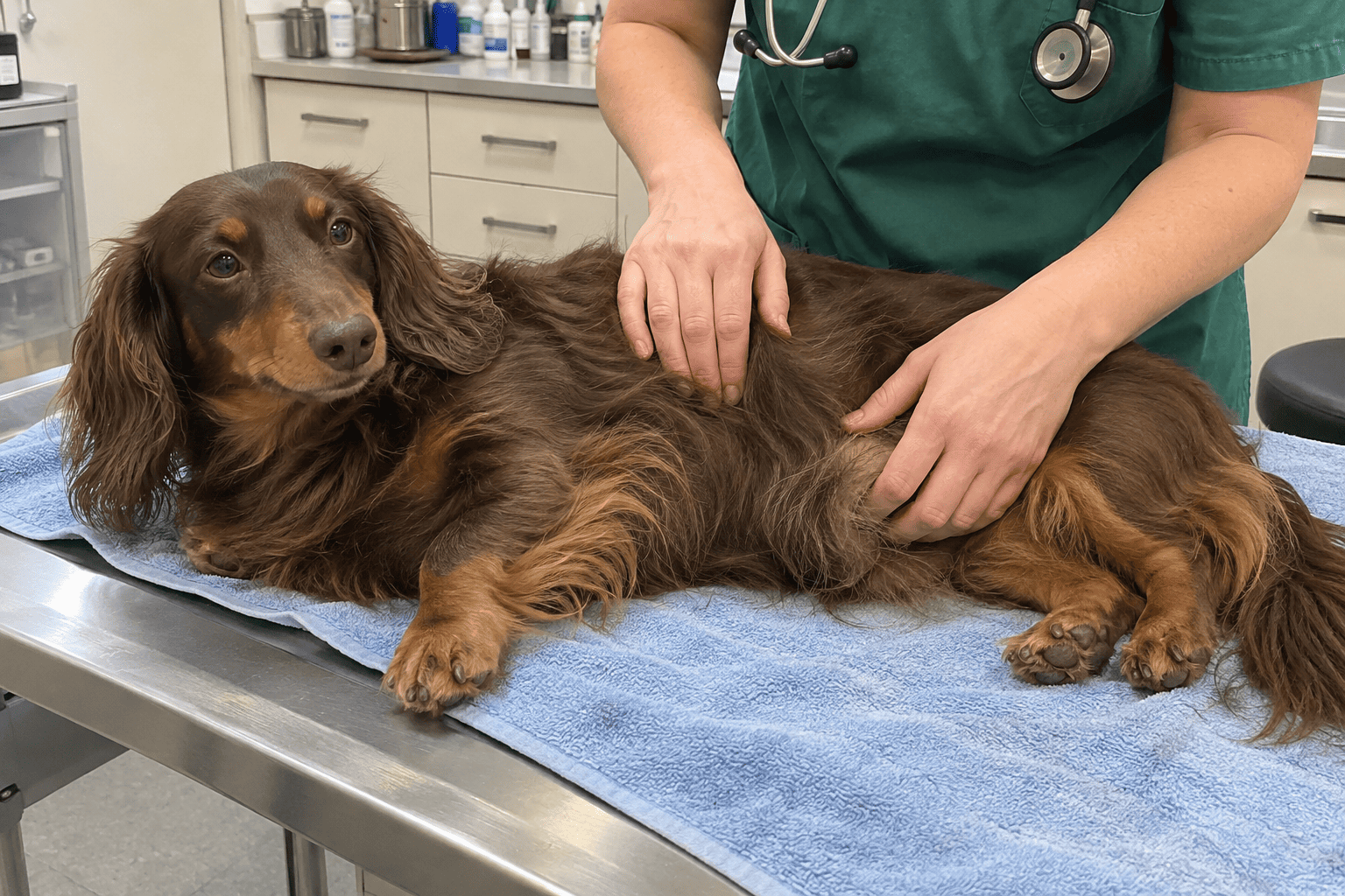 Veterinár šetrne vyšetruje dlhosrstú fenku jazvečíka v ambulancii